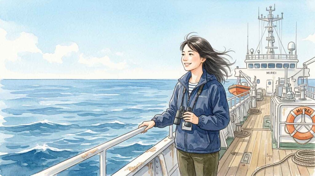 深海調査船と広大な海を見渡す女性研究者