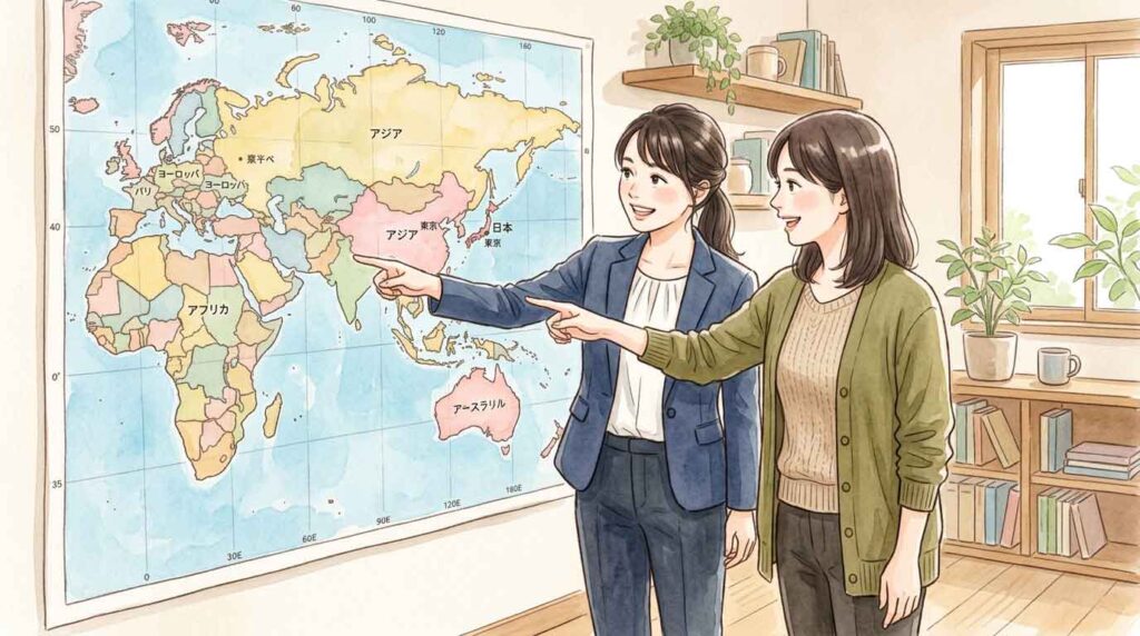 界地図の前で戦略を話し合う女性たち