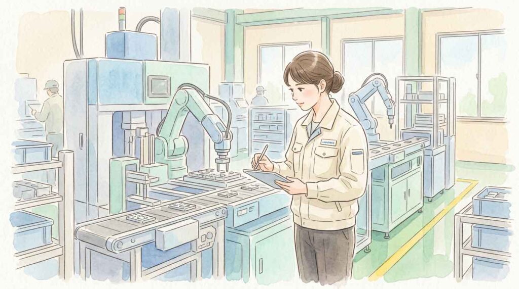 工場の製造ラインで部品を確認している女性エンジニア