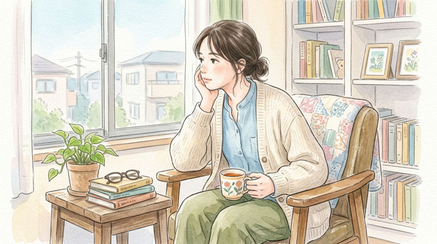 ▶ 部屋で将来について考える女性
