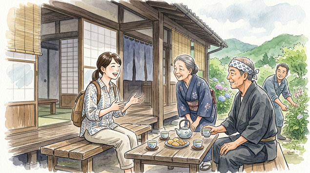 ▶ 旅館で働く女性と地域の人との交流シーン