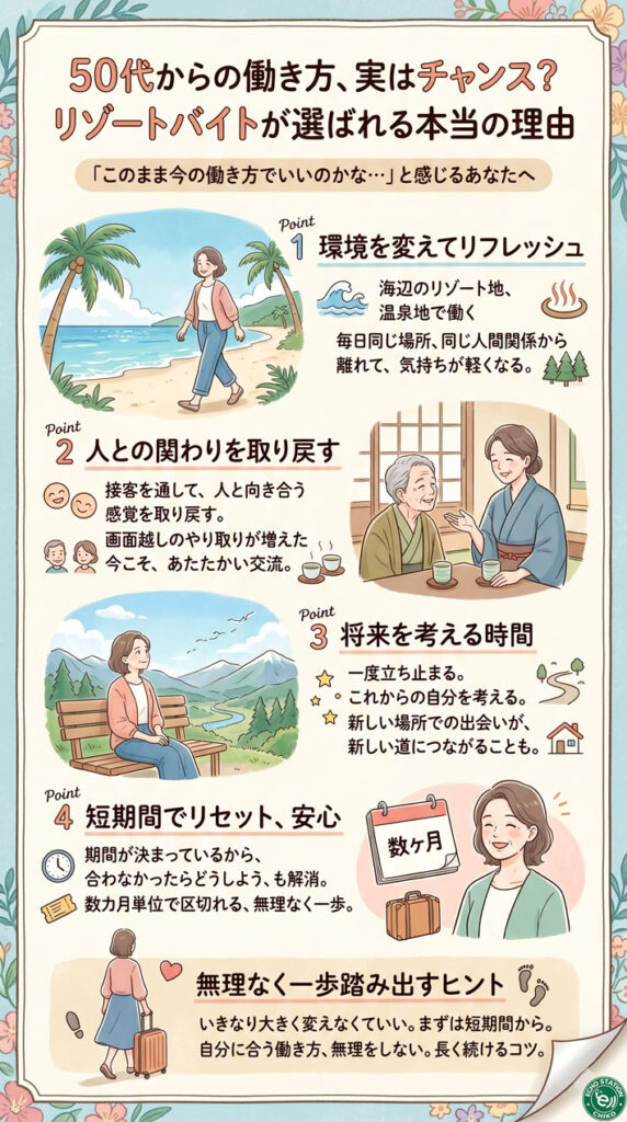 50代からの働き方、実はチャンス？リゾートバイトが選ばれる本当の理由 インフォグラフ
