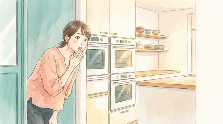 包丁のないシンプルな厨房をのぞいて驚く女性のイラスト