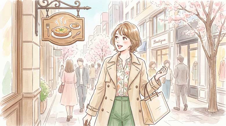 銀座の街で看板を見て驚く女性のイラスト
