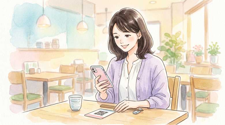 レストランでスマホのQRコード注文をする女性のイラスト