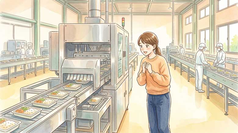 食品工場で製造ラインを見学して驚く女性のイラスト