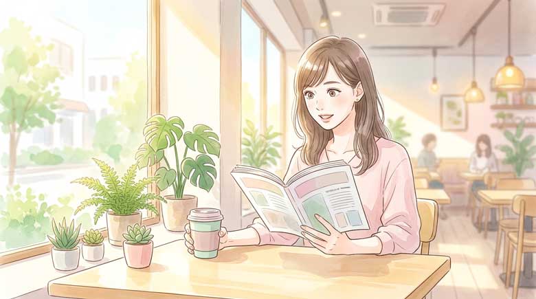  カフェで経営の記事を読んで納得する女性のイラスト
