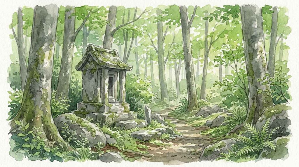 奥多摩の山道に建つ古い石祠と新緑の木々を描いたイラスト