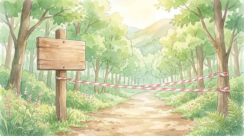 登山道の入口に設置された通行止め看板のイラスト