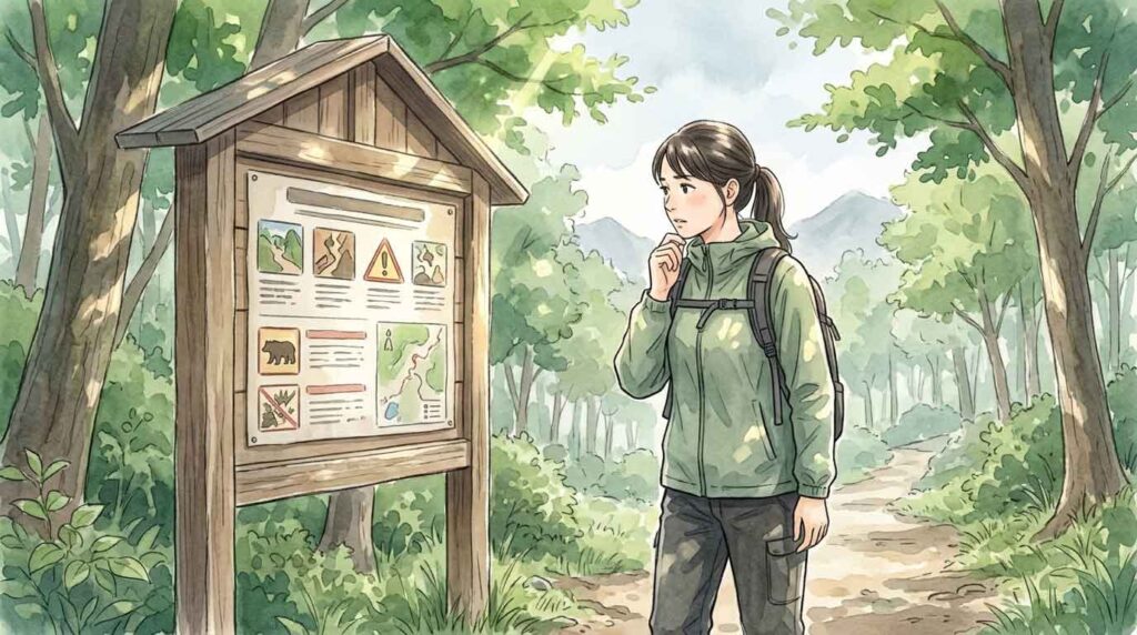 山中の登山道入口で注意看板を確認する女性のイラスト