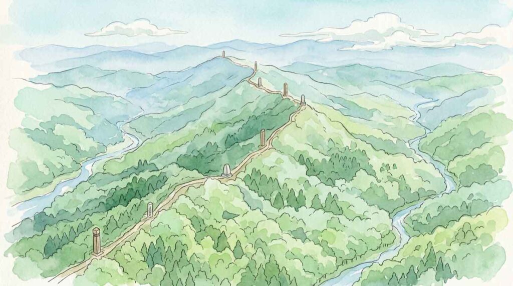 東京と埼玉の県境に位置する長沢背稜の稜線を俯瞰したイラスト