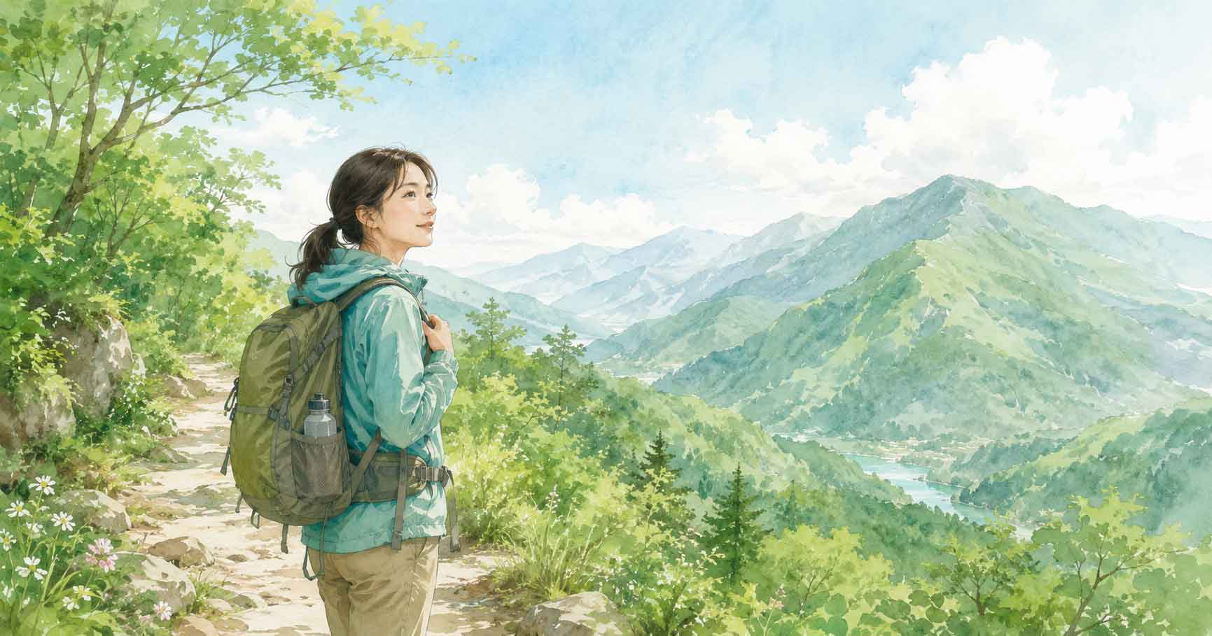 新緑が茂る奥多摩の山道を一人で歩く女性登山者のイラスト