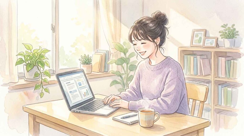 自宅でパソコンを前にリモートワークしながら笑顔の女性のイラスト