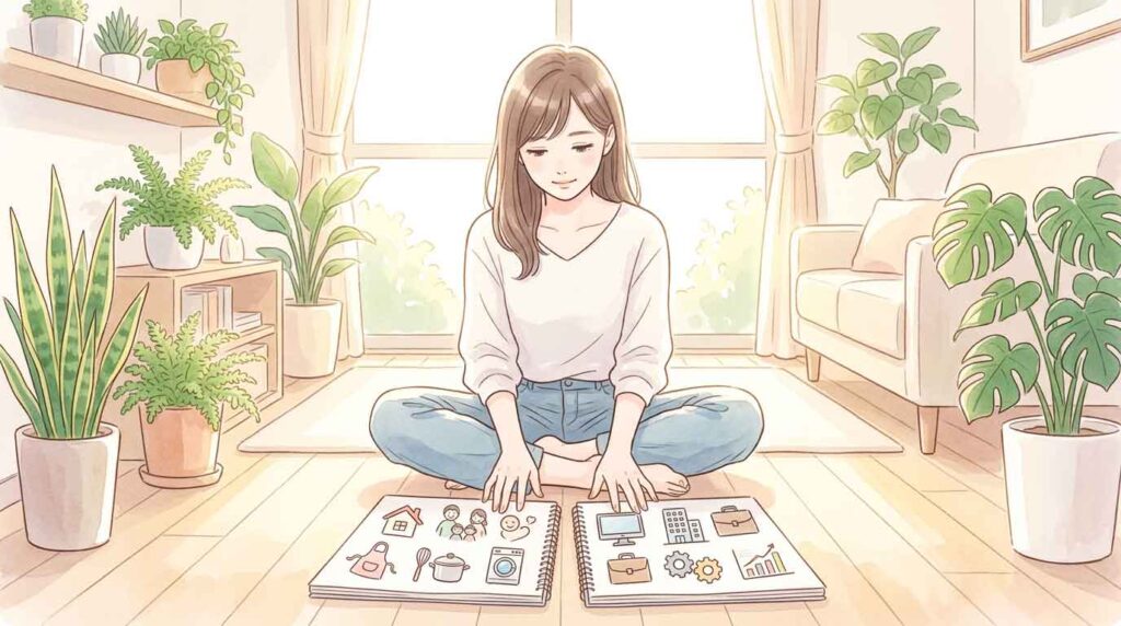 天秤を前に専業主婦のメリットとデメリットを考える女性のイラスト