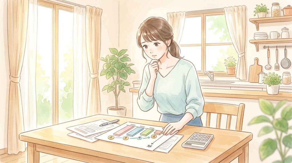 年収の壁を示す図を眺めながら考え込む女性のイラスト