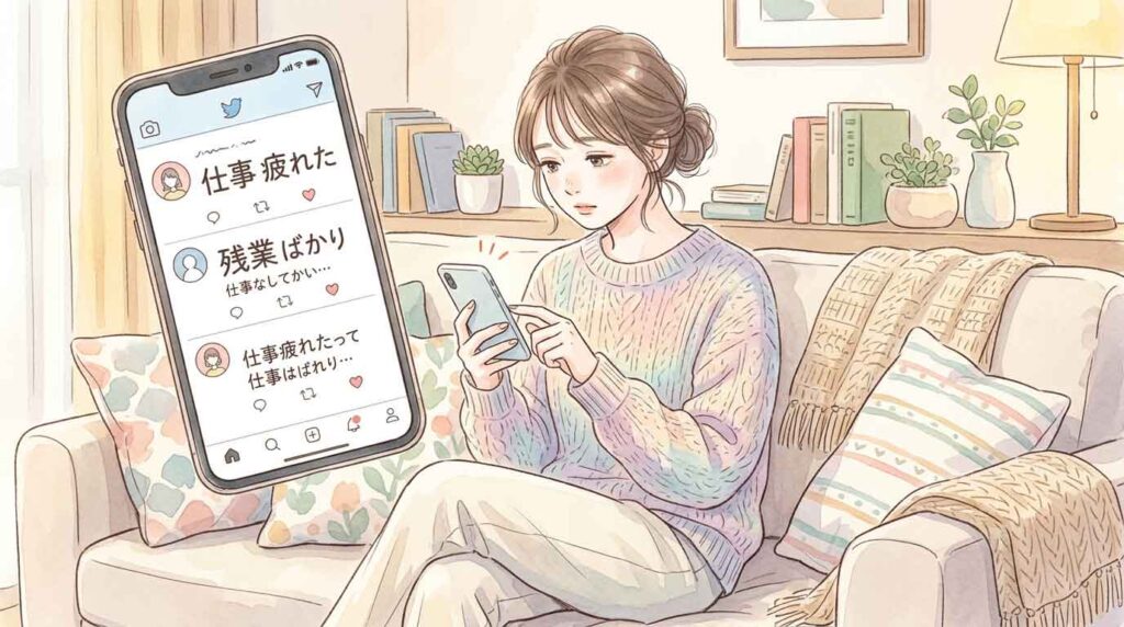 スマートフォンを見ながら「専業主婦 なりたい」と検索する女性のイラスト