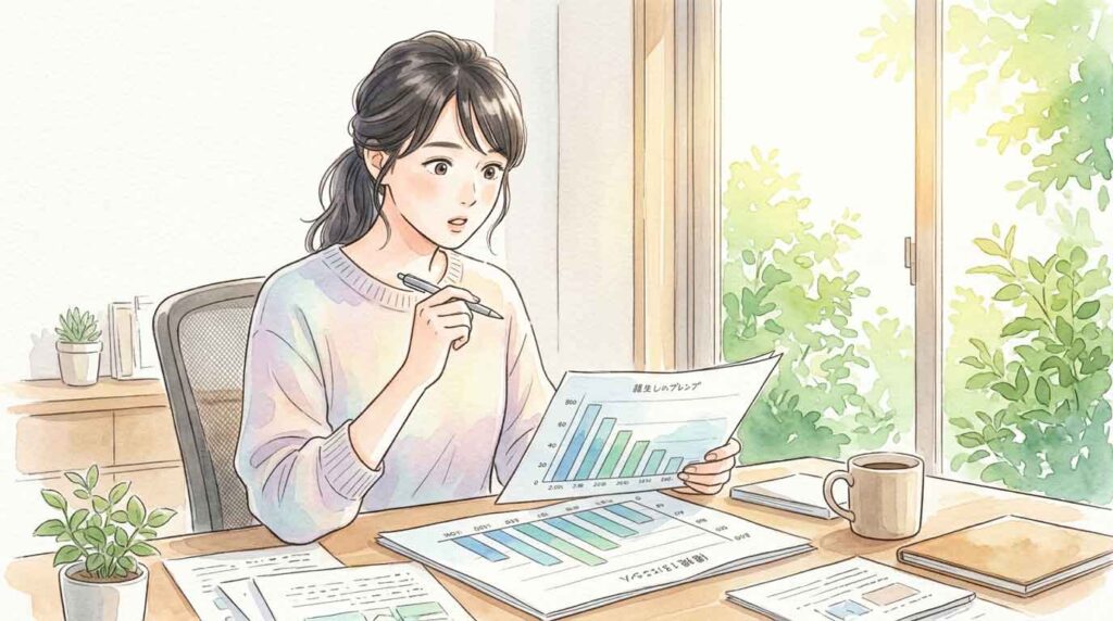 共働き世帯と専業主婦世帯の比率を示すグラフを見て驚く女性のイラスト