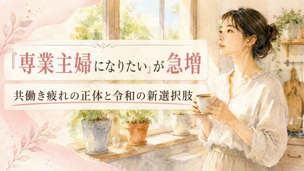 キッチンの窓辺でコーヒーを手に遠くを見つめる30代女性のイラスト
