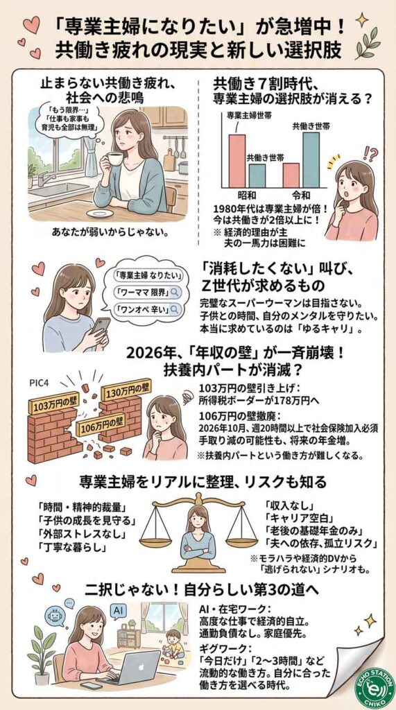 「専業主婦になりたい」が急増中。共働き疲れが止まらない日本の現実と、令和の新しい選択肢インフォグラフ