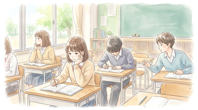 ▶ 教室で生徒たちが静かに緊張している様子