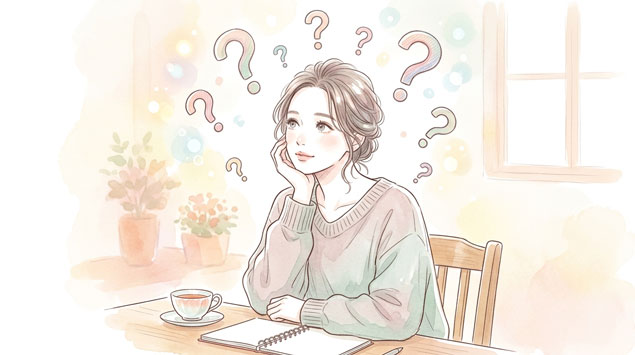 ▶ 女性が考え込んでいるやさしいイラスト