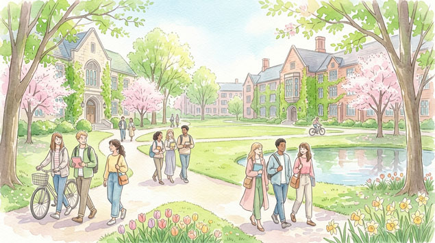 ▶ 大学キャンパスと学生が歩いている明るい風景