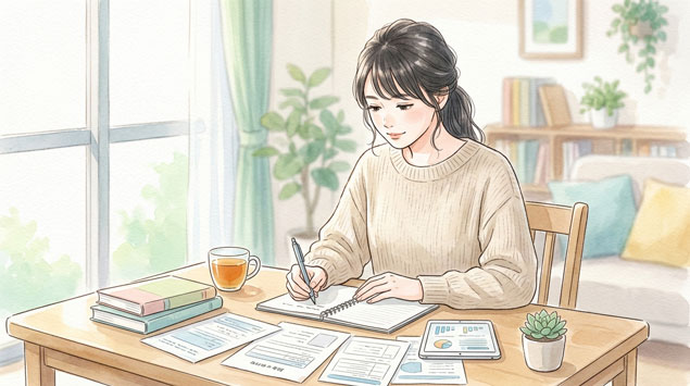 就活の参考資料とノートを広げてメモをとる女性