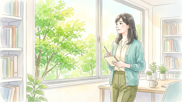 キャリアパスを考えながら窓の外を眺める落ち着いた表情の女性