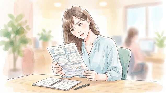 複雑な給与明細を前に首をかしげる女性