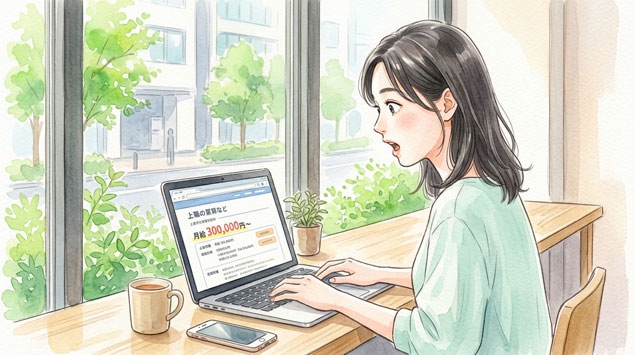 就活情報が並ぶ画面を見て驚いた表情で固まっている女性
