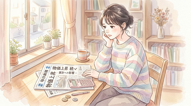 少子化や物価上昇を連想させる新聞と電卓を前に考え込む女性
