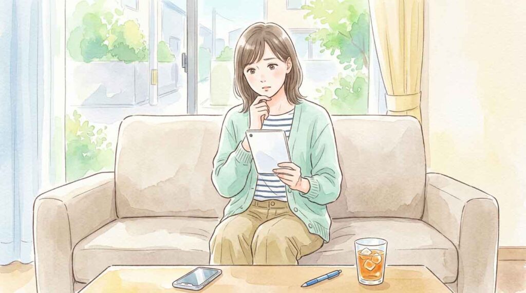 スマートフォンの契約書類を確認しながら考え込む女性のイラスト