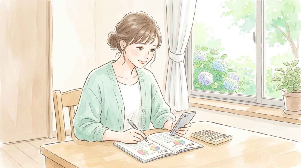 家計簿を開いてスマホ料金の変化に気づく女性のイラスト