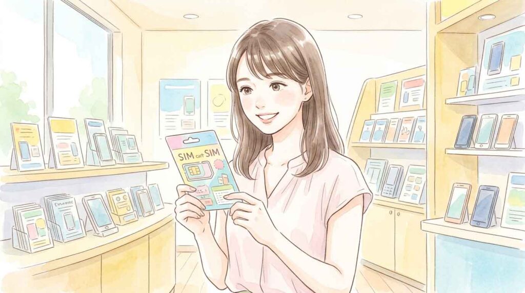 格安SIMのパッケージを手に取り笑顔の女性のイラスト
