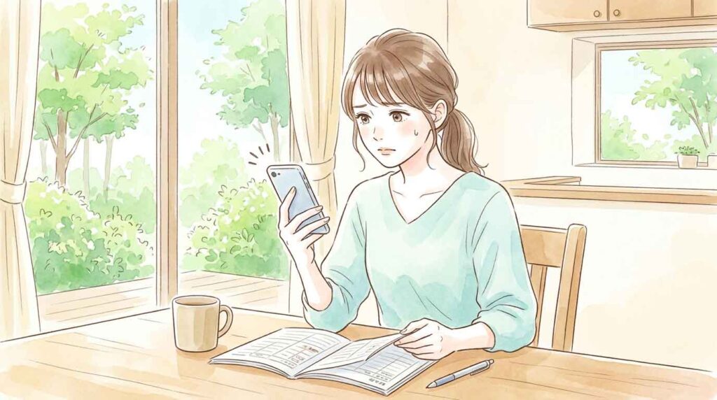 カフェでスマホの料金プラン画面を見比べる女性のイラスト