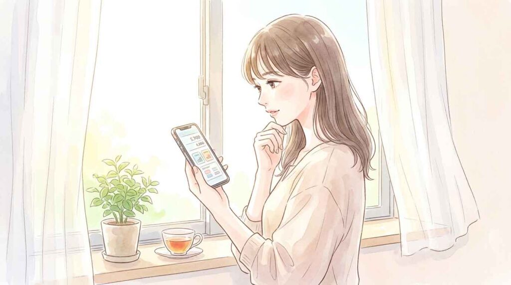 家のテーブルでスマホと家計ノートを並べて考える女性のイラスト