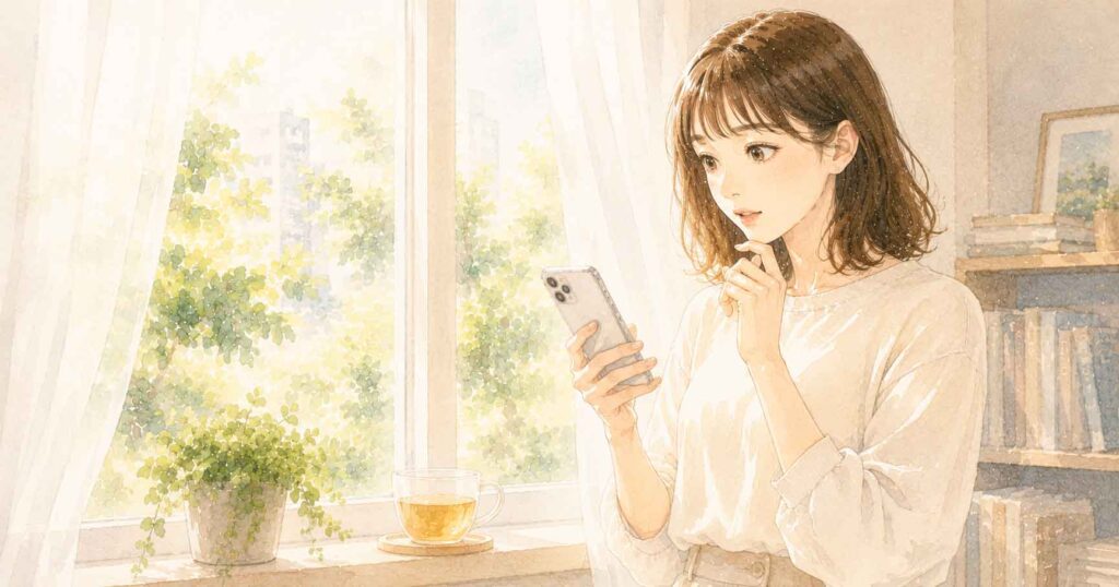 スマートフォンを手に料金プランを検討する女性のイラスト