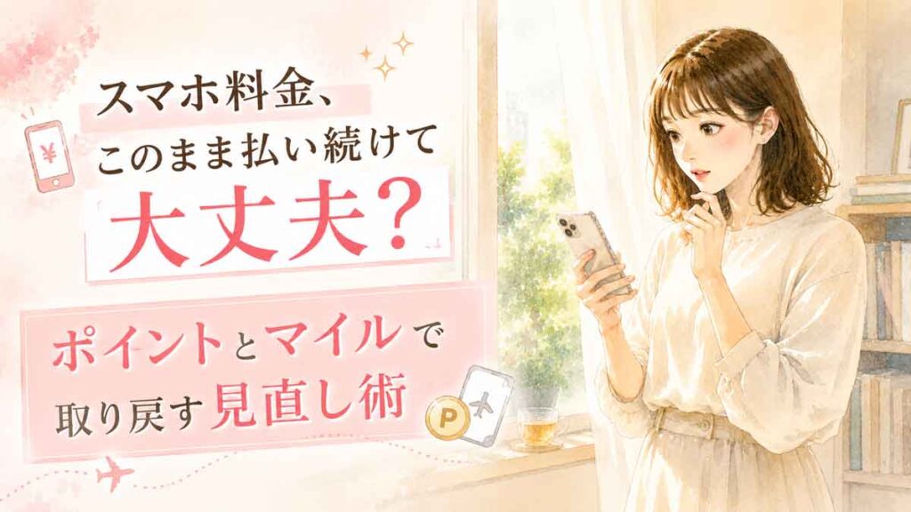 スマートフォンを手に料金プランを検討する女性のイラスト