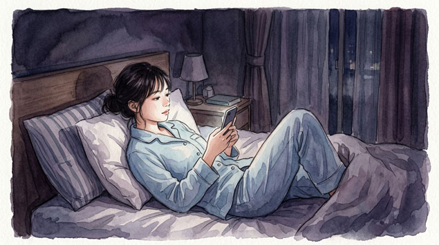 ▶夜にスマホを見ている女性のやさしいイラスト