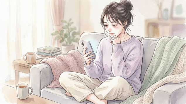 ▶SNSを見て少し疲れている女性のイメージ