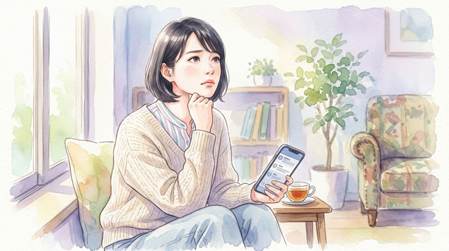 ▶スマホとSNSについて考える女性のイメージ