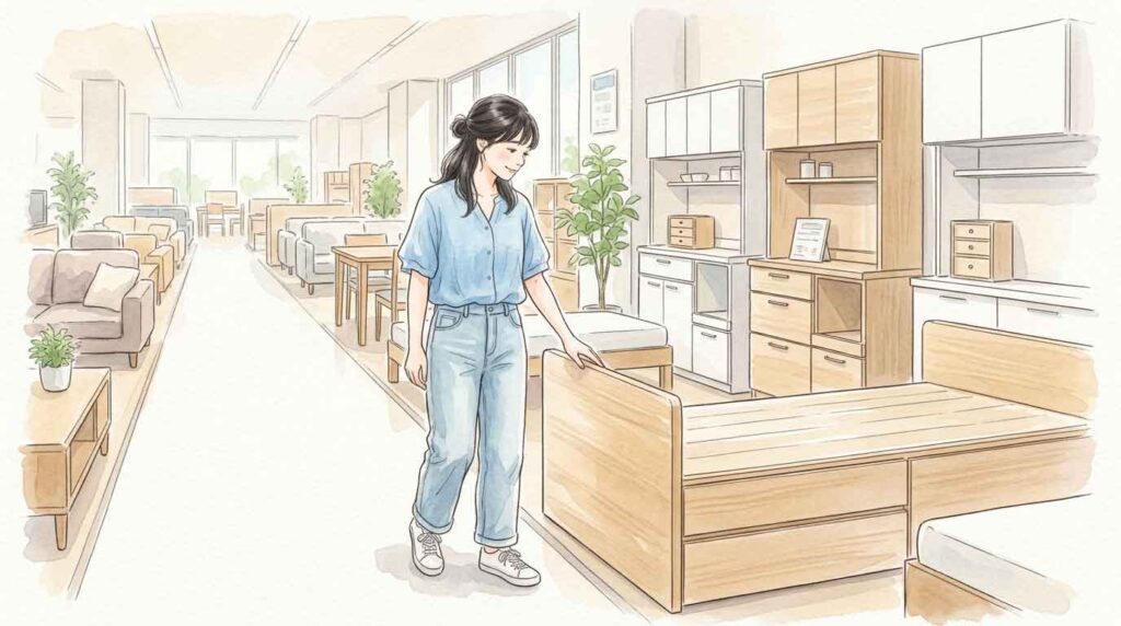 収納付きベッドや多機能キッチンボードが並ぶ家具コーナーのイラスト