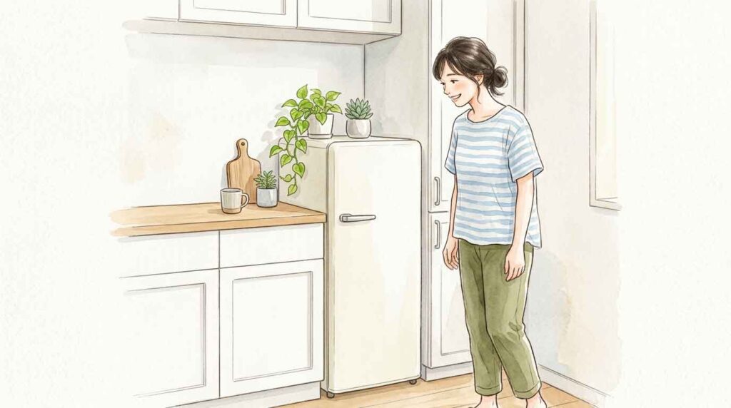 キッチンの隙間にぴったり収まるスリムな冷蔵庫のイラスト