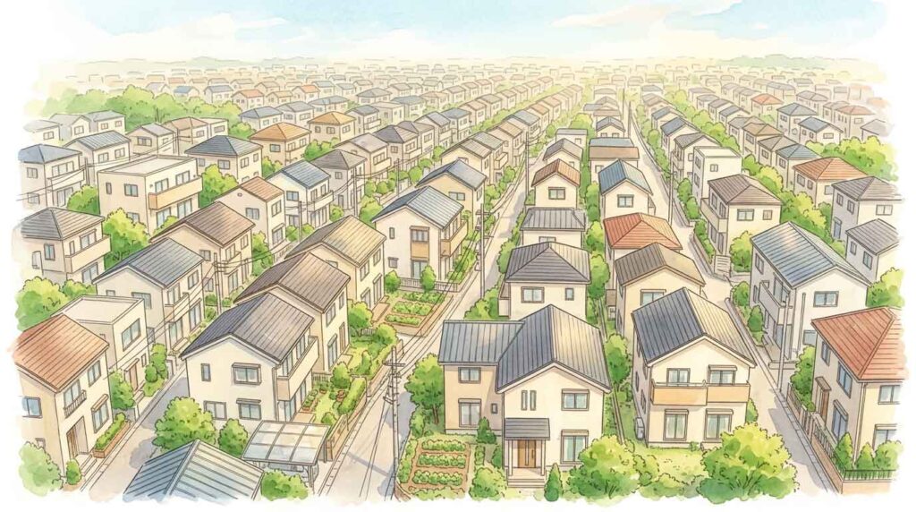 首都圏の狭い戸建て住宅が立ち並ぶ街並みのイラスト