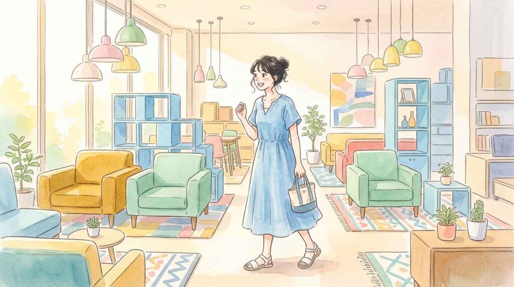 カラフルなモダン家具が並ぶショールームを見まわす女性のイラスト