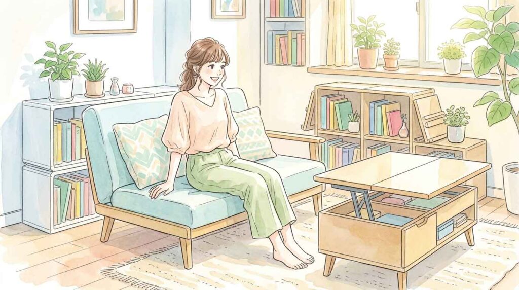 PIC2 | alt: ひとつの家具を椅子・ベッド・収納として使い分けるイメージイラスト