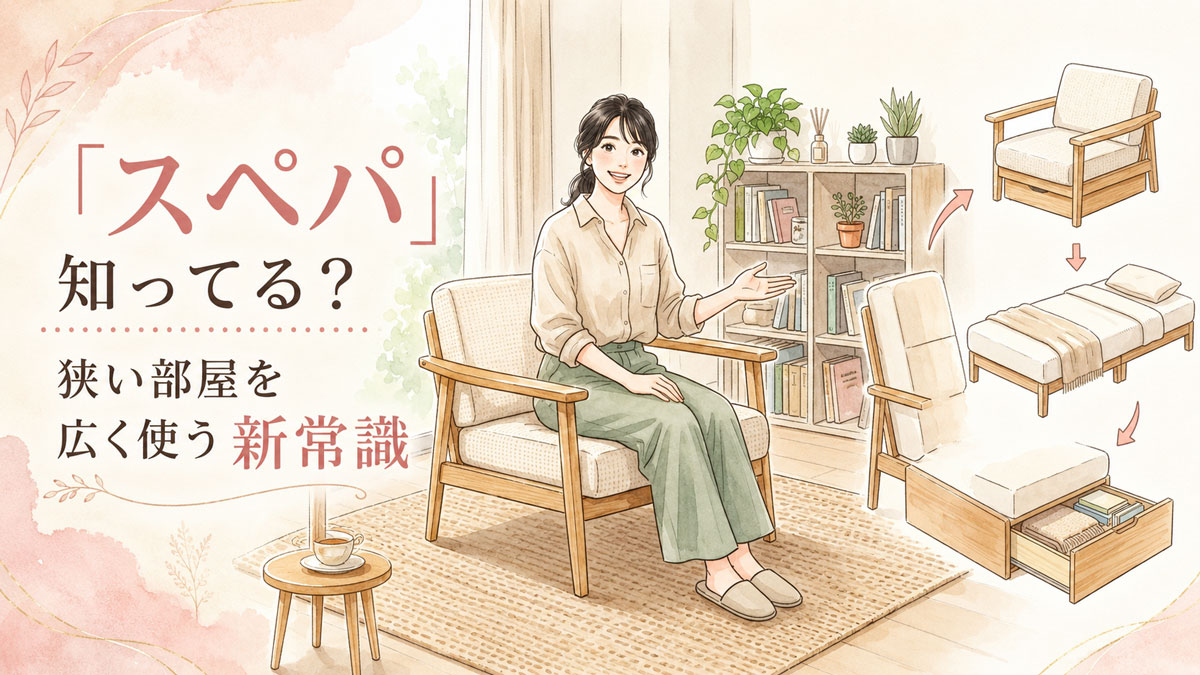 ひとつの家具を椅子・ベッド・収納として使い分けるイメージイラスト