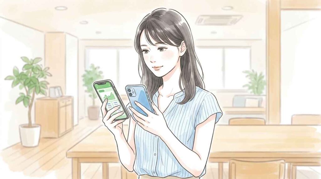 複数の証券アプリを比較しながらスマートフォンを操作する女性のイラスト