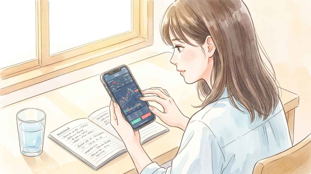 スマートフォンと証券会社アプリを操作している女性のイラスト
