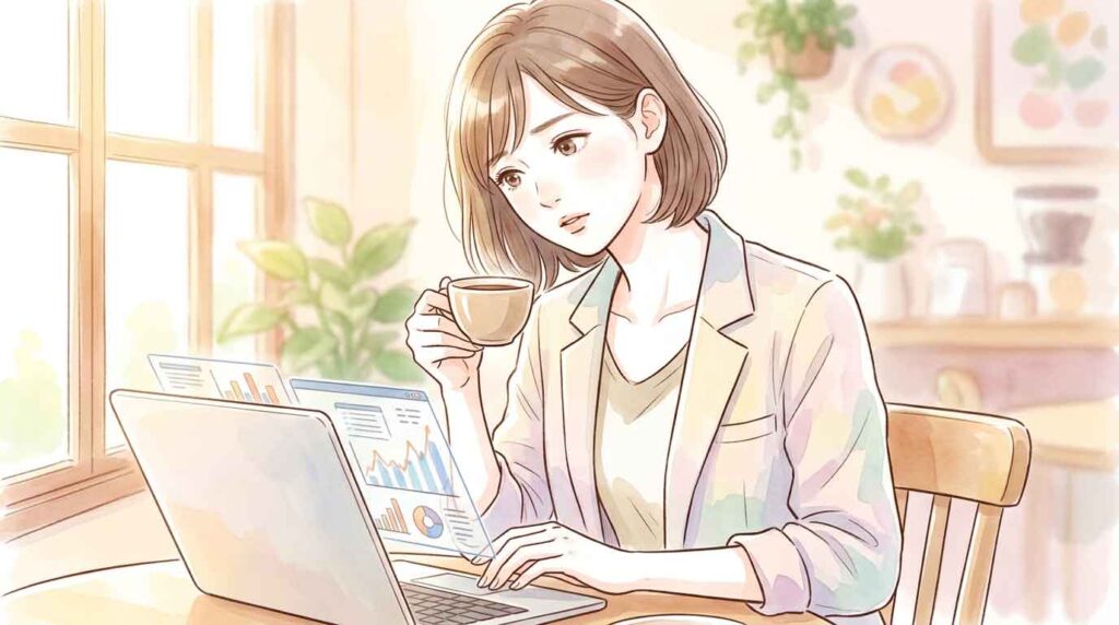 証券会社の画面を見ながら首をかしげて考える女性のイラスト